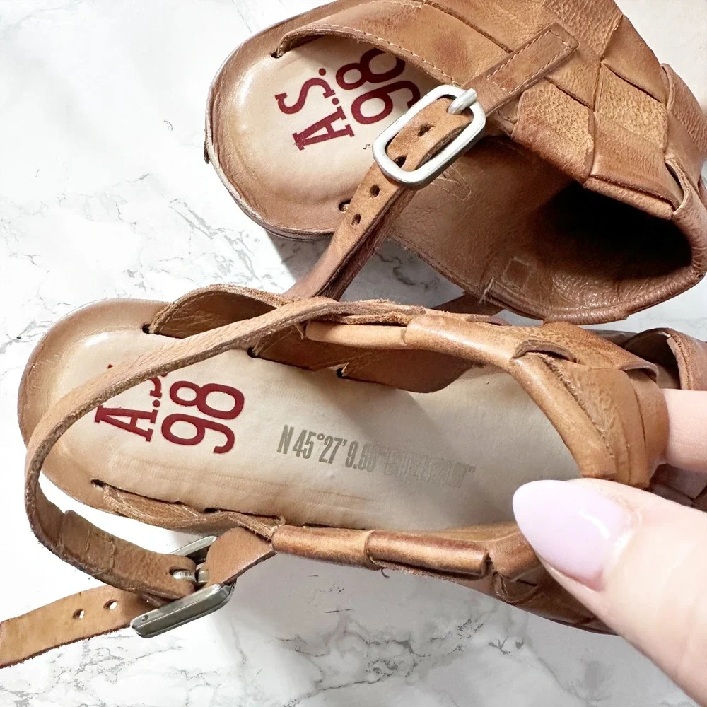 A.S. 98 Nasser Woven Tan Brown Leather Platform Wedge Sandals Women's Size 40
